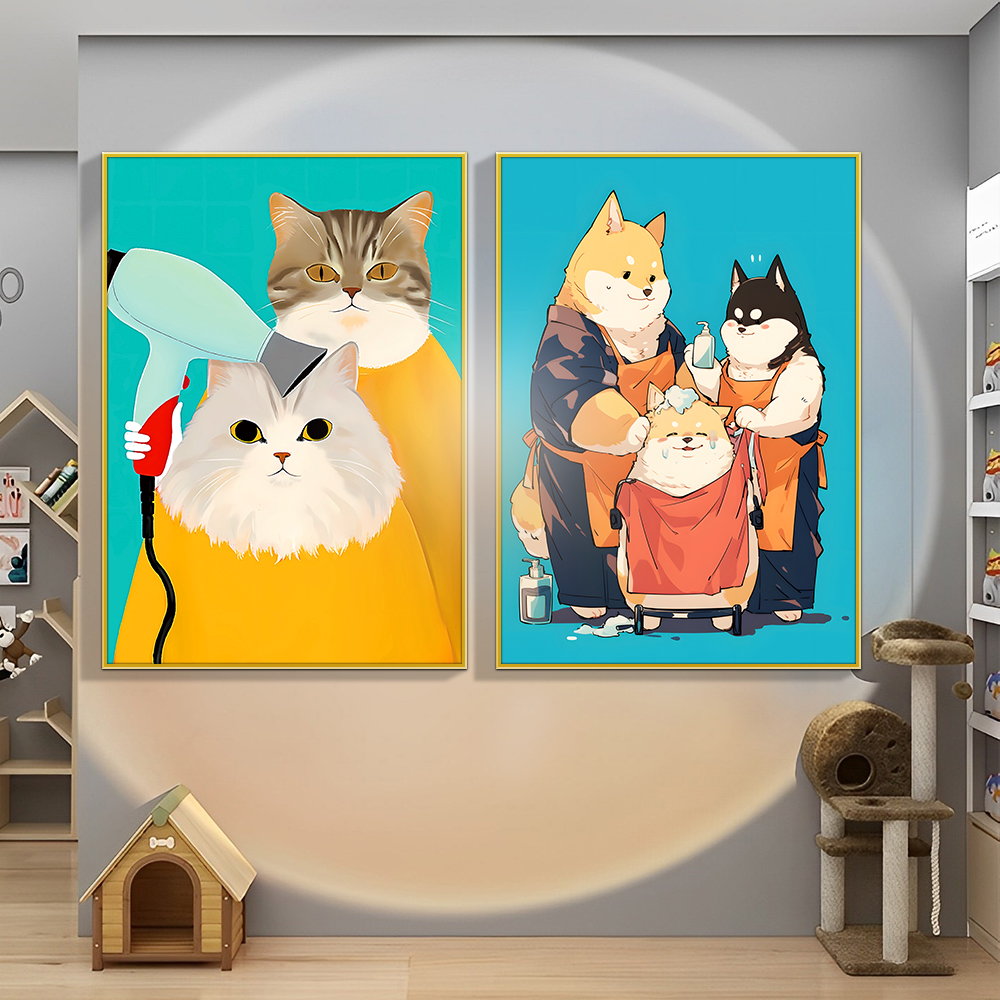 猫咖店装饰品宠物店墙面装饰画网红猫咪油画动物医院挂画背景墙贴图片