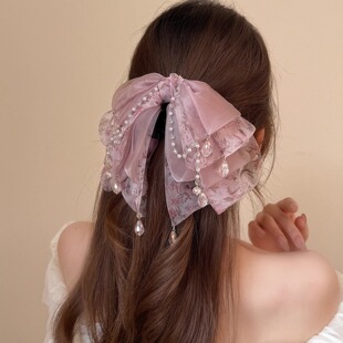仙气水彩轻纱碎花大蝴蝶结马尾夹高雅绛紫色水晶流苏高级感发夹女