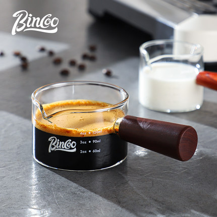 Bincoo意式咖啡萃取杯带刻度玻璃量杯浓缩杯木柄小奶盅奶罐盎司杯