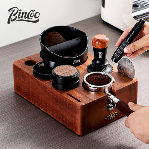 Bincoo实木多功能压粉锤底座套装意式咖啡机器具布粉器敲渣桶收纳