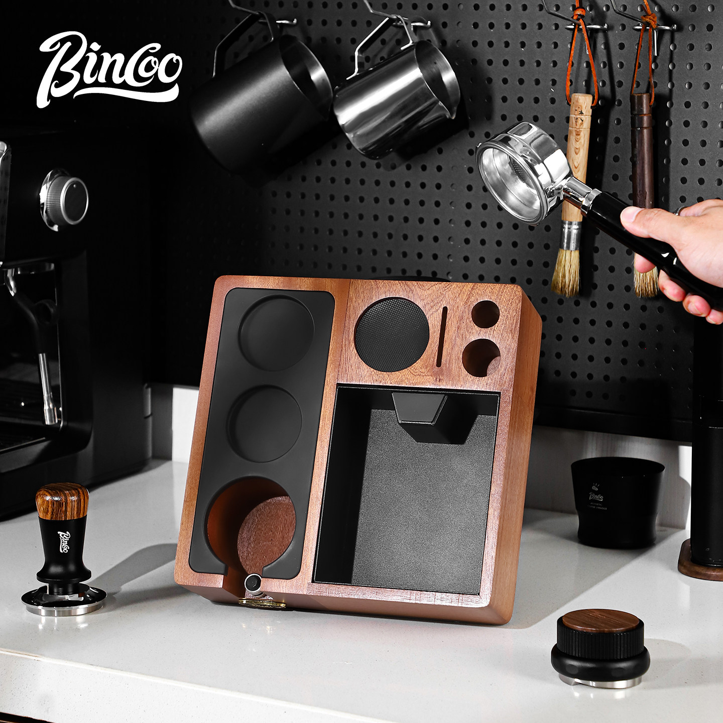 Bincoo实木咖啡压粉底座渣桶一体意式咖啡机压粉锤布粉器收纳器具
