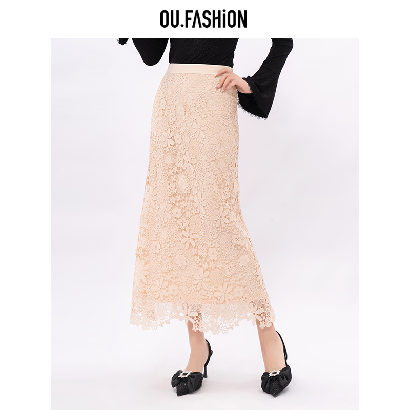 OU.FASHION/欧点法式蕾丝半身裙女包臀一步裙6112330032热力感