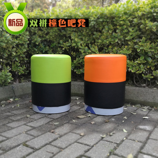 供应不锈钢凳奶茶冷饮店吧台凳 圆形金属皮艺皮椅撞色矮蘑菇吧凳