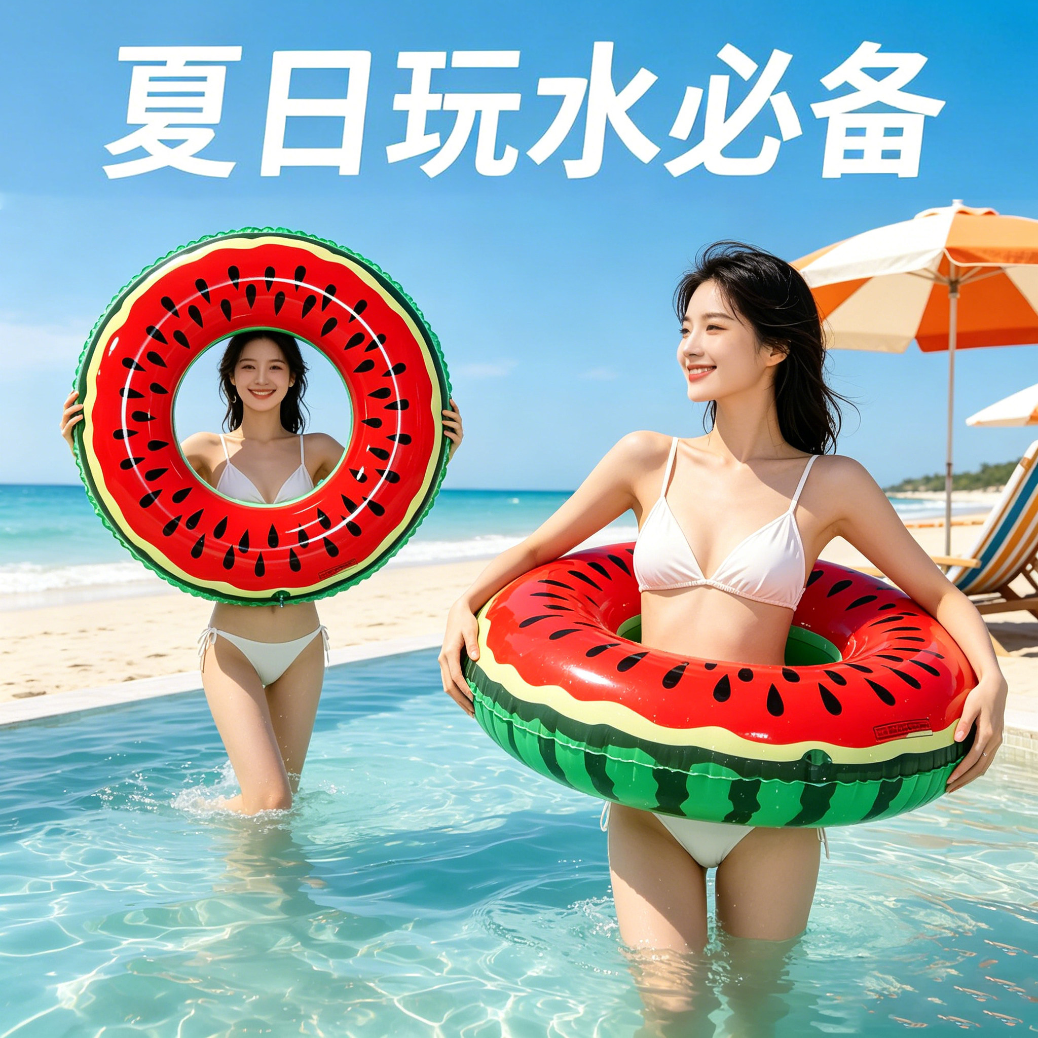 西瓜游泳圈成人 充气加厚加大腋下圈 可爱儿童男女孩浮圈大人泳圈
