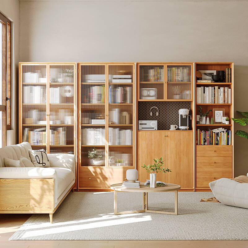 北欧实木组合书柜客厅一体整墙书架展示柜家用落地储物柜带玻璃门