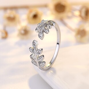 镀纯银小清新镶钻树叶树枝开口女戒时尚气质冷淡风简约可调节戒指