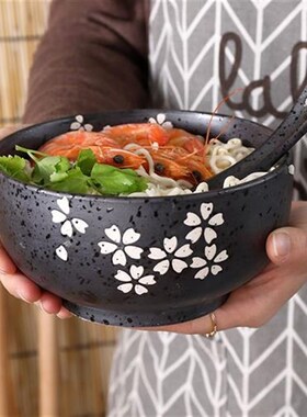磨砂哑光黑色陶瓷面碗汤碗大饭碗筷勺G子日式泡面碗拉面碗料理餐