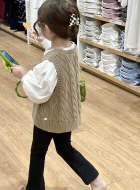 女童韩版套装2j023秋季新款童装提花马甲白色上衣黑色喇叭裤套装