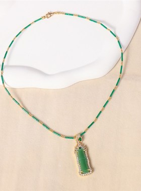 绿色几何中国国潮气质优雅微镶锆石个性绳L链时尚质感复古项链饰