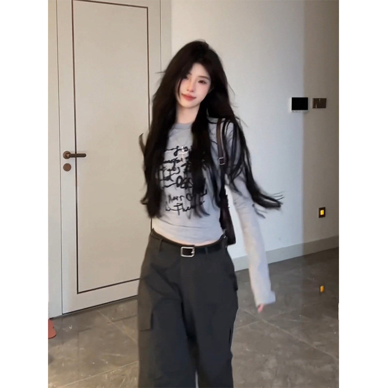 美式复古插肩涂鸦印花长袖t恤女春秋H冬紧身打底内搭显瘦辣妹上衣