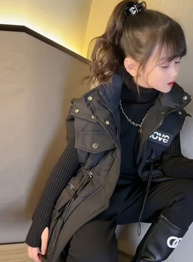 女童秋冬季中长款羽绒棉马甲2023新款童装棉衣外S套儿童坎肩背心