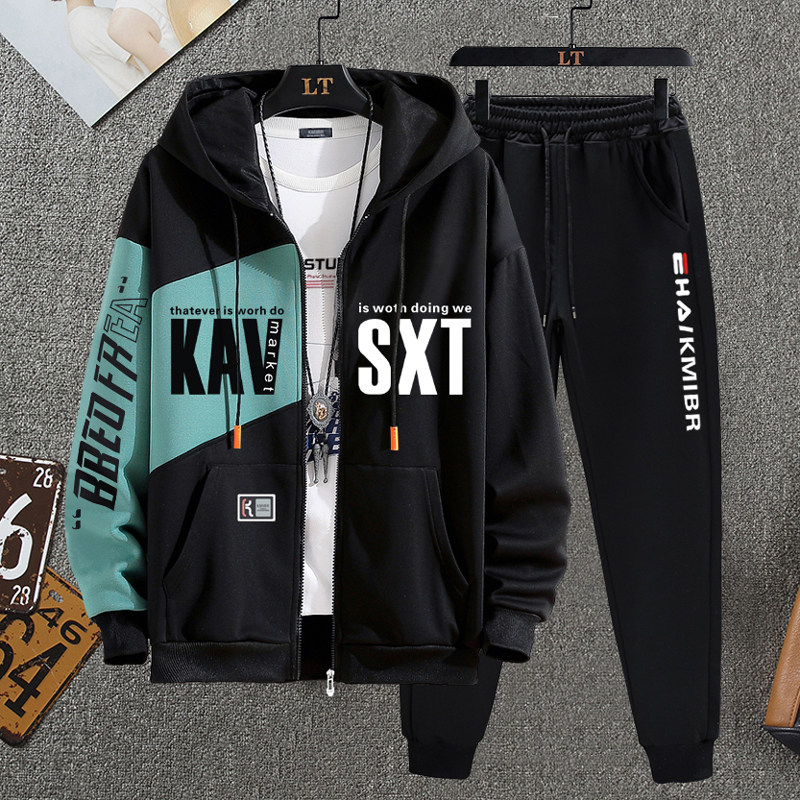 外套男休闲运动套装潮新款2023潮流E青少年薄款厚棉T春秋学生两件