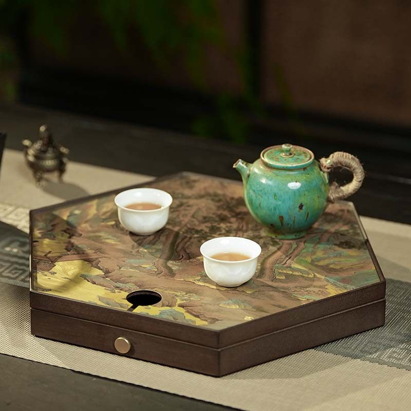 中式电木茶盘桃村图六边形茶盘可移动蓄排两用高端铜彩烧功夫茶具