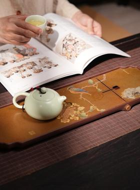 家用复古花窗茶盘长方形双面琼花翠鸟黄铜功夫茶具干湿两用泡茶台