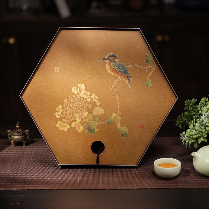 双面双意六边形黄铜茶盘手工錾刻铜彩烧功夫茶具新中式禅意茶托盘