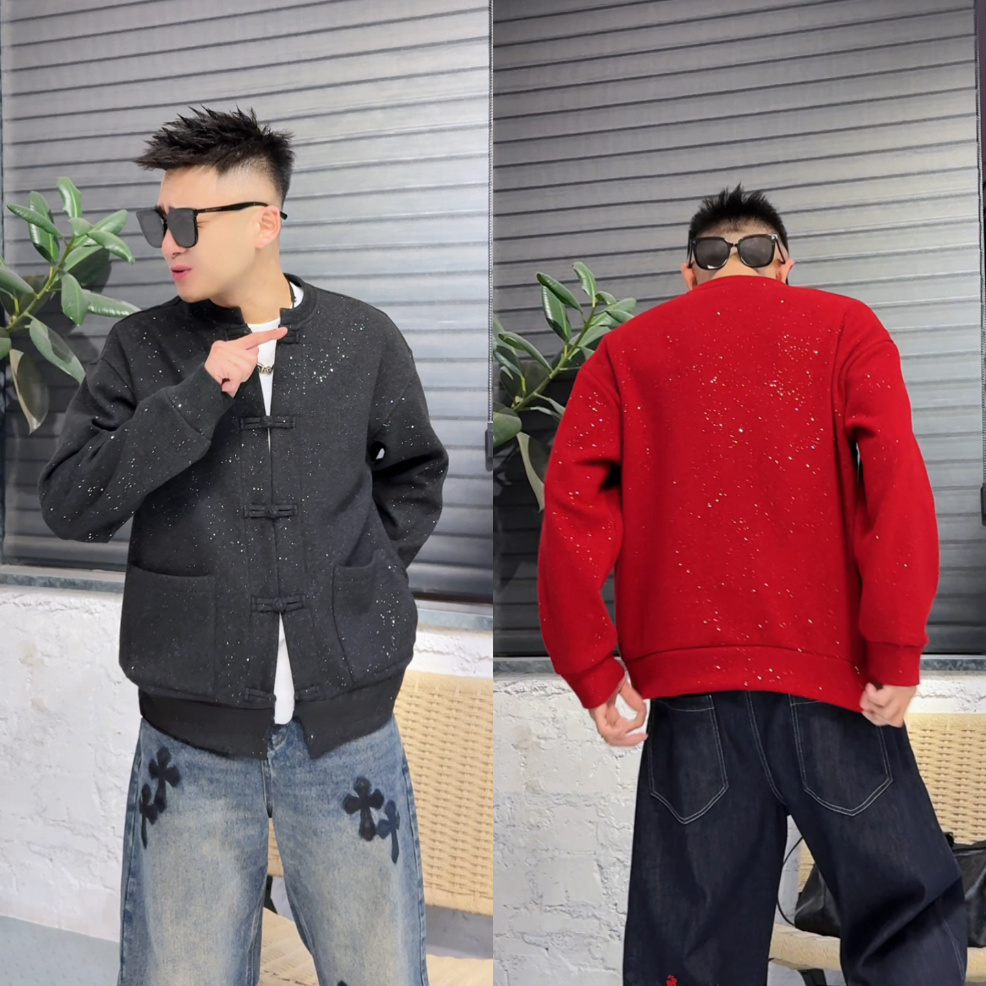 冬季新年款新中式国潮时尚开衫外套满天星国风盘扣立领卫衣夹克男