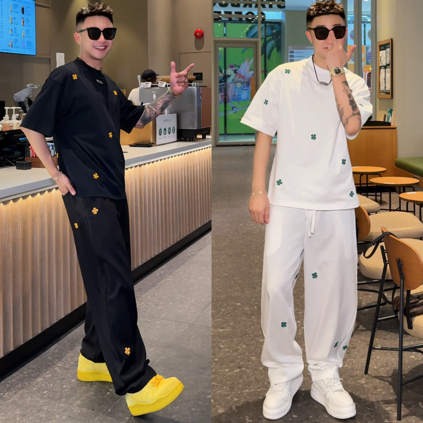 潮流四叶草休闲运动套装春季新款男士宽松慵懒风短袖直筒卫裤套装