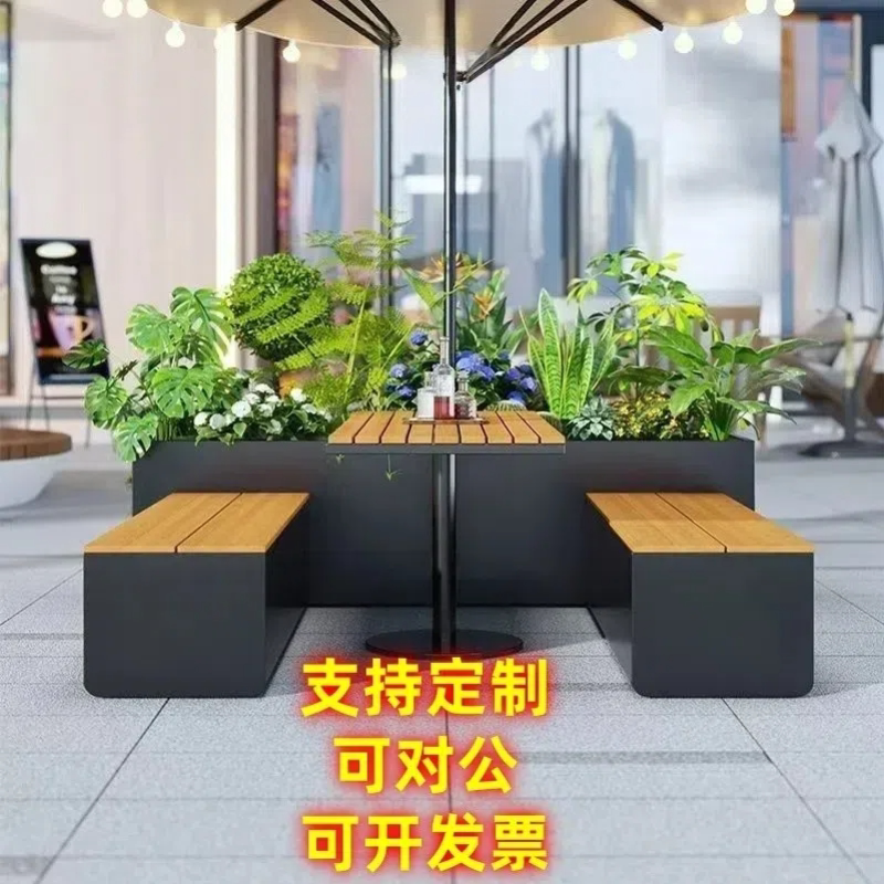 厂家直销不锈钢花箱坐凳花槽花盆露台组合定制花坛户外步行街塑木图片