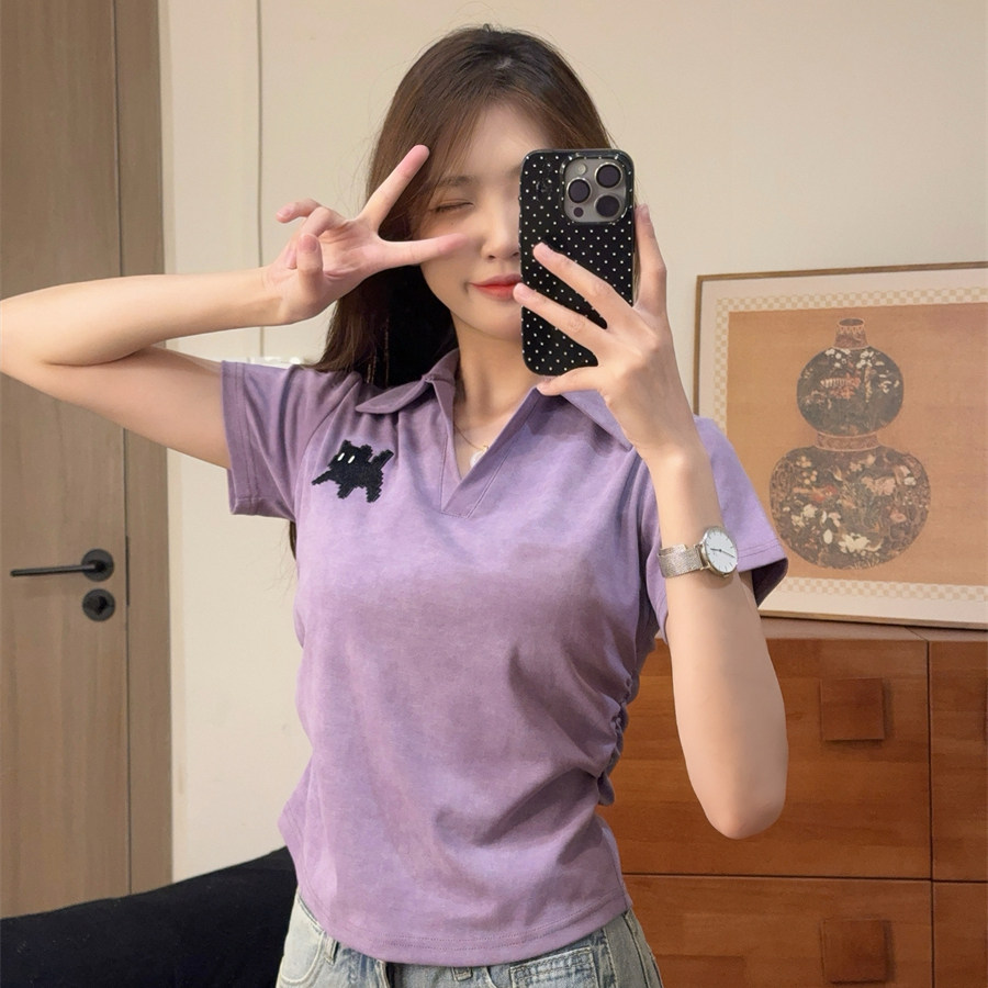 夏季香芋紫正肩Polo衫短款修身显瘦小个子短袖T恤上衣女减龄百搭