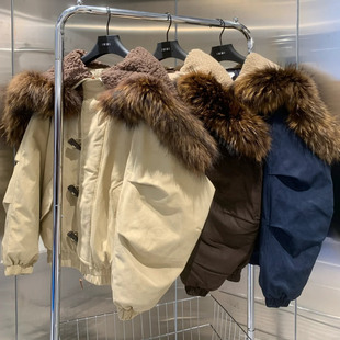 美式复古ins大毛领拼接连帽设计洋气新款加厚保暖学生派克服外套