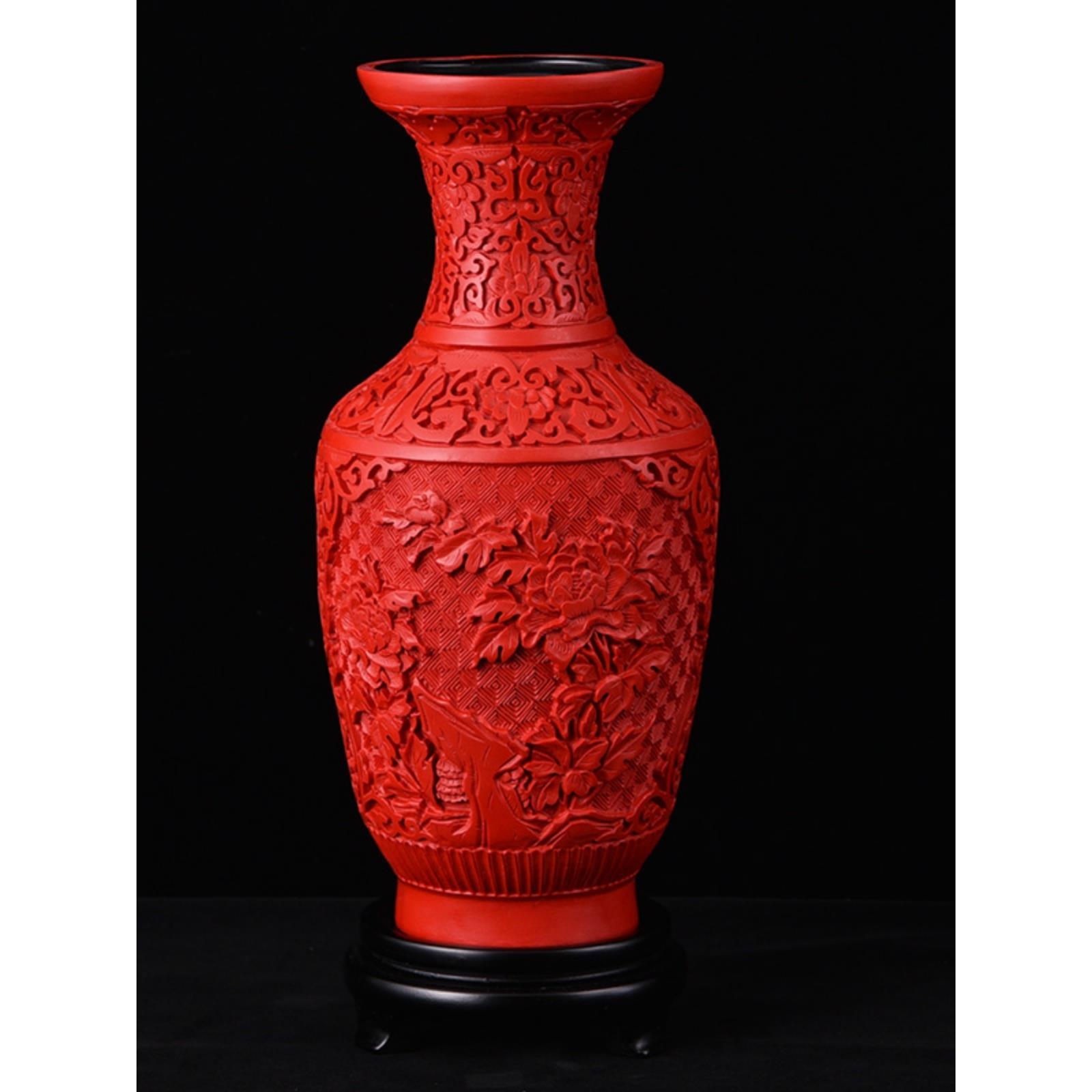 包邮中国扬州12寸漆器剔红雕漆花瓶博古架装饰品特色脱胎摆件礼品