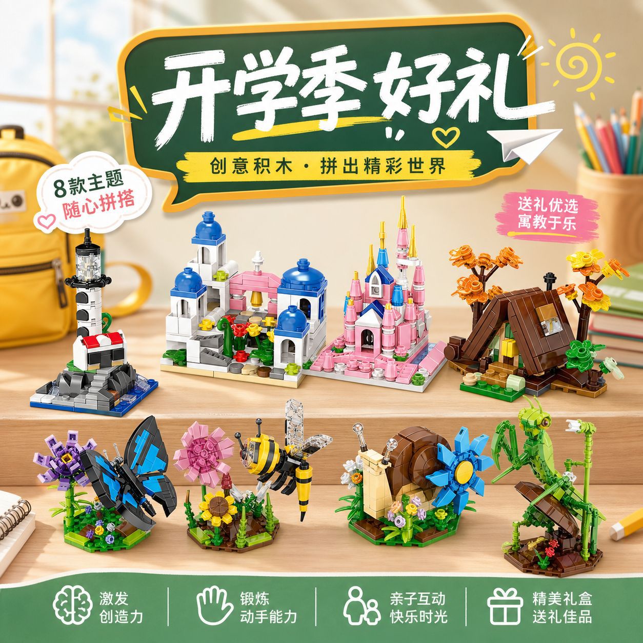 【开学好礼】益智早教启蒙积木昆虫街景小盒拼装玩具机构招生礼品