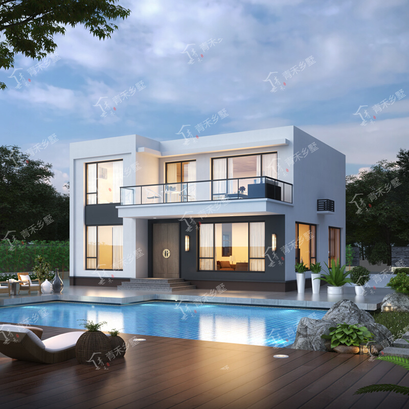 2209二层简单现代风别墅设计图纸平顶农村自建房网红新款10x10米