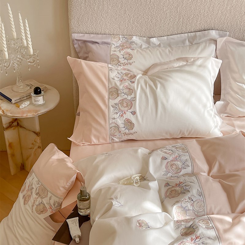 CF89轻奢少女心100支长绒棉四件套法式花朵刺绣拼色被套床上