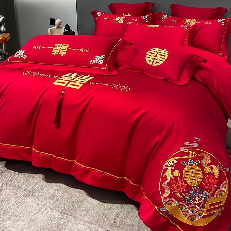 高档龙凤刺绣陪嫁结婚四件套红色床单被套婚庆磨毛四件套床上用品