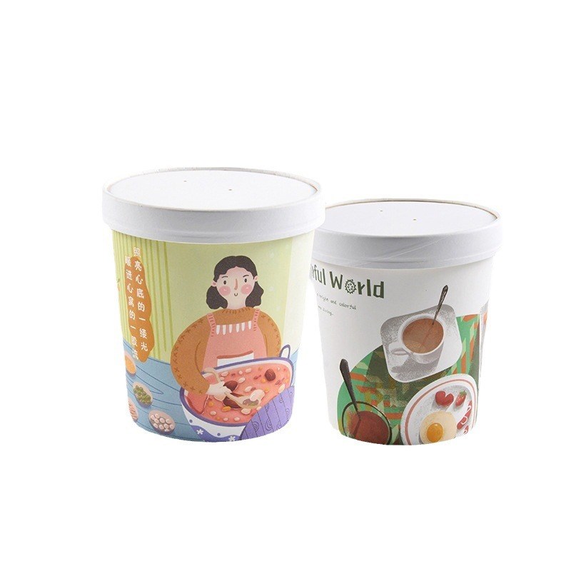 一次性汤杯粥桶圆形外卖打包盒纸碗现货彩印配盖可印LOGO