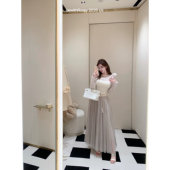 bewithRosey 双色大摆针织弹力网纱裙长裙半身裙 雾纱笼月