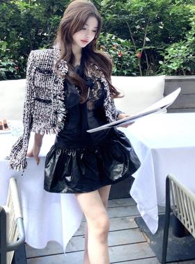 bewithRosey【千金腔调】超时髦小香风漆皮亮面伞裙高腰半身裙