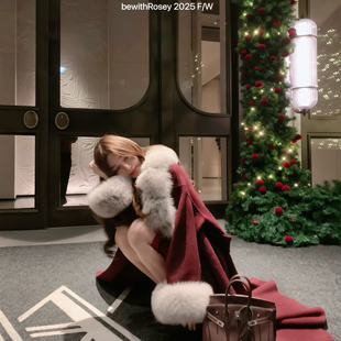 bewithRosey 10%羊绒90%羊毛酒红狐狸毛双面呢大衣 斯嘉丽人生