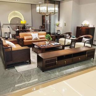 新中式 新款 实木沙发组合现代简约禅意客厅乌金木沙发中国风别墅家
