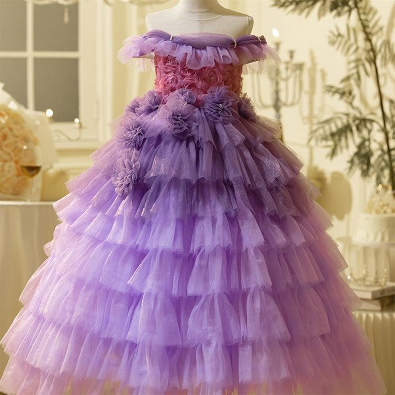 女童紫色礼服儿童走秀主持人演出服高端洋气公主裙女孩蓬蓬蛋糕裙