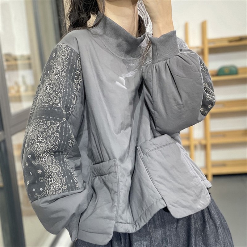 复古碎花拼接g高领夹棉卫衣女秋冬宽松大口袋加厚保暖套头棉服上