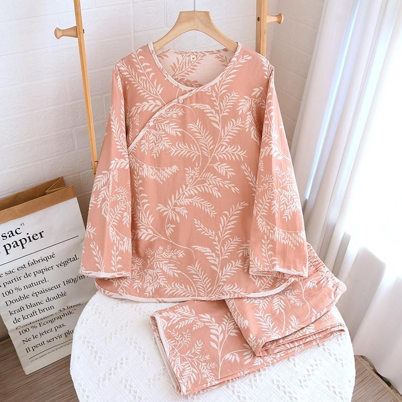 新款国风盘扣纯棉双层纱布睡衣女春秋季高档全棉复古提花家居服套