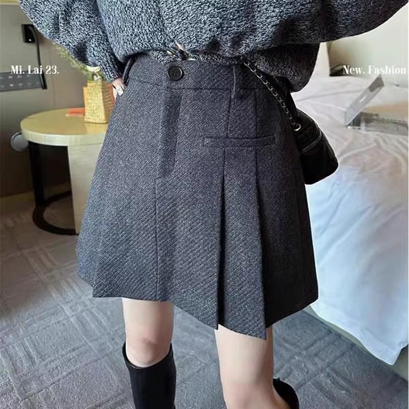 2024秋冬毛呢半身裙短款百褶裙短裙减龄高腰修身显腿长A字裙学院