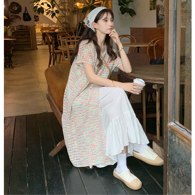 大码女装2024夏季胖mm甜美彩色针织镂空连衣裙+内搭吊带裙两件套