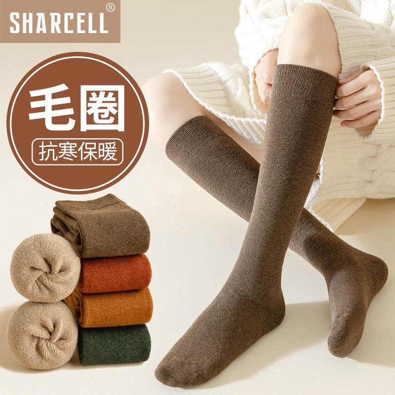 小腿袜女秋冬保暖加绒加厚纯棉毛圈高筒长袜半截及膝毛巾底长筒袜