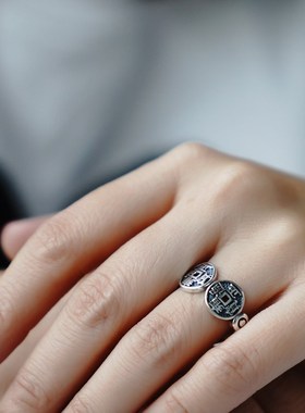 发财神雍正通宝纯银饰品女款民族风手工小众设计开口戒指