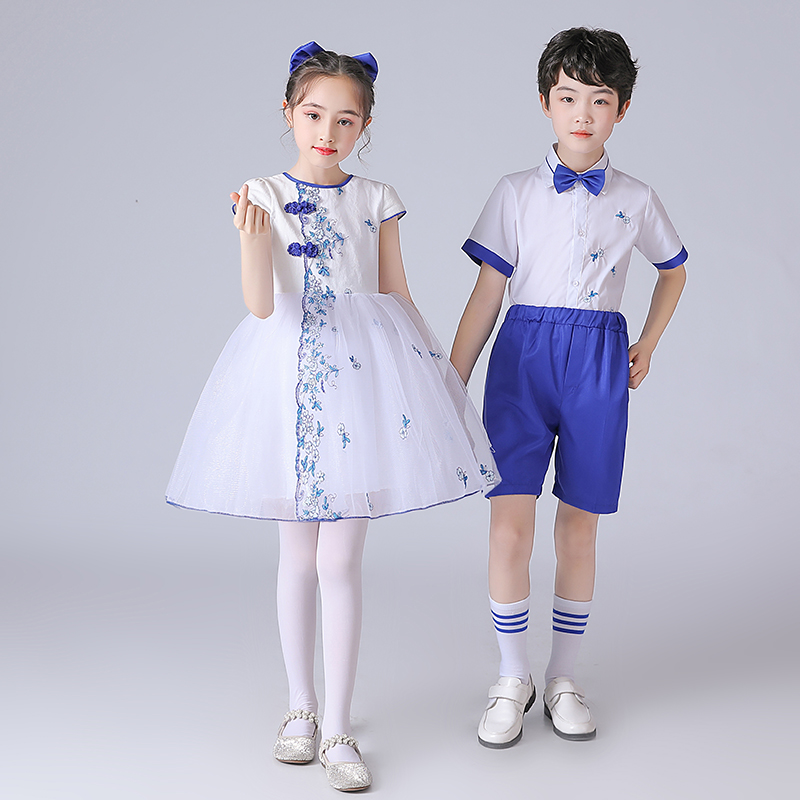 六一儿童大合唱演出服青花瓷舞蹈纱裙女童小学生朗诵比赛表演服装