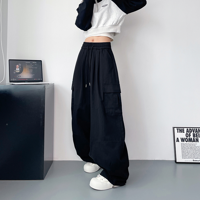 多巴胺酷飒工装裤女秋季胖mm宽松显瘦休闲裤大码高腰抽绳阔腿长裤