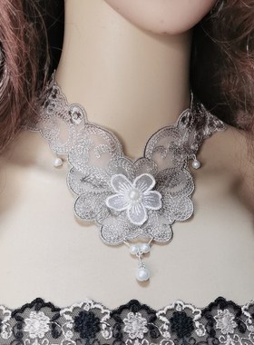 2024新品蕾丝颈链领子短链锁骨遮盖脖带舞台配饰银灰色女