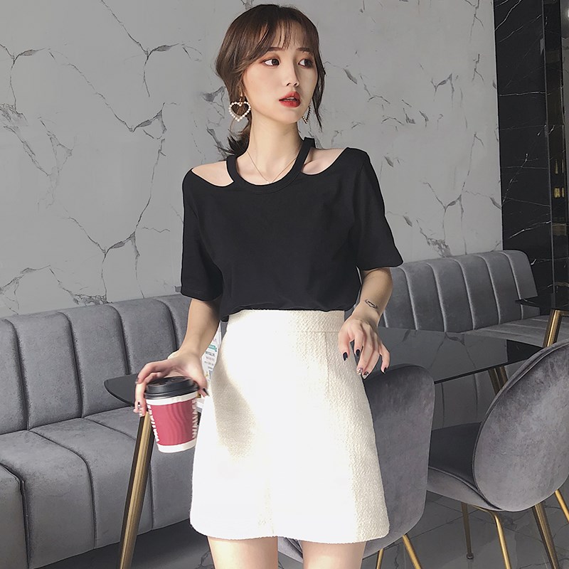 黑色短袖t恤女纯棉短款宽松上衣露肩吊带挂脖一字领半袖体恤春夏