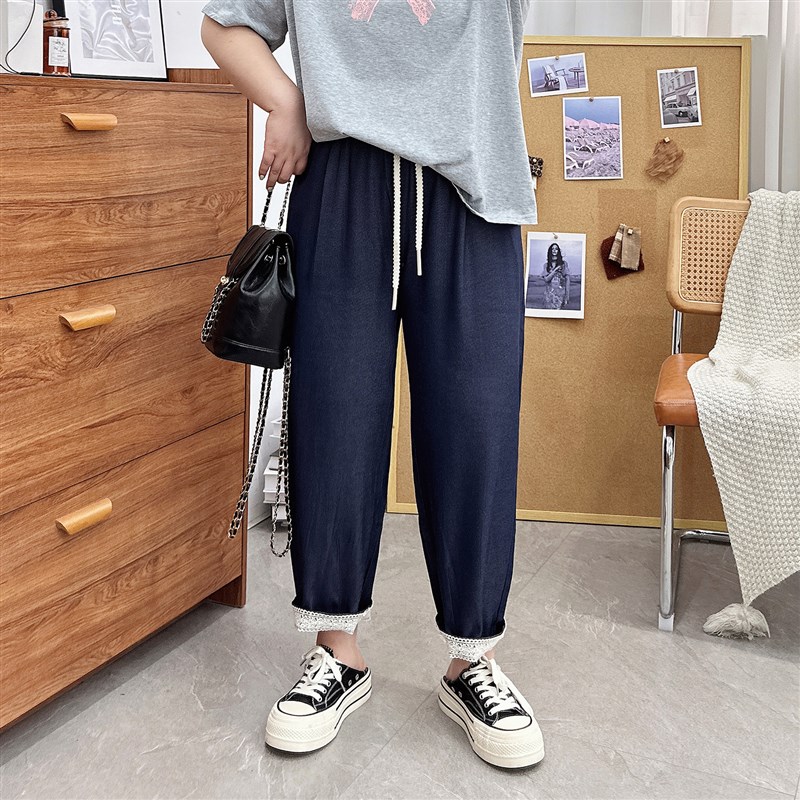 宛宛大码牛仔裤女胖mm2024夏季薄款高腰显瘦宽松萝卜哈伦老爹裤子