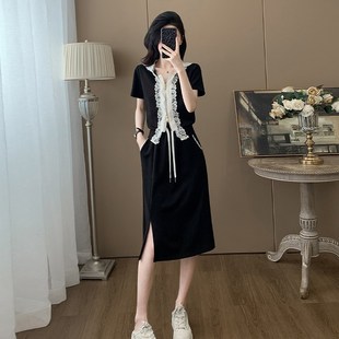 新款 显瘦短袖 休闲运动套装 洋气修身 蕾丝拼接两件套裙子 女时尚 夏季