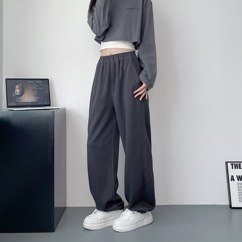 美式运动裤女早秋新款大码胖mm宽松显瘦休闲裤高腰直筒阔腿卫裤子