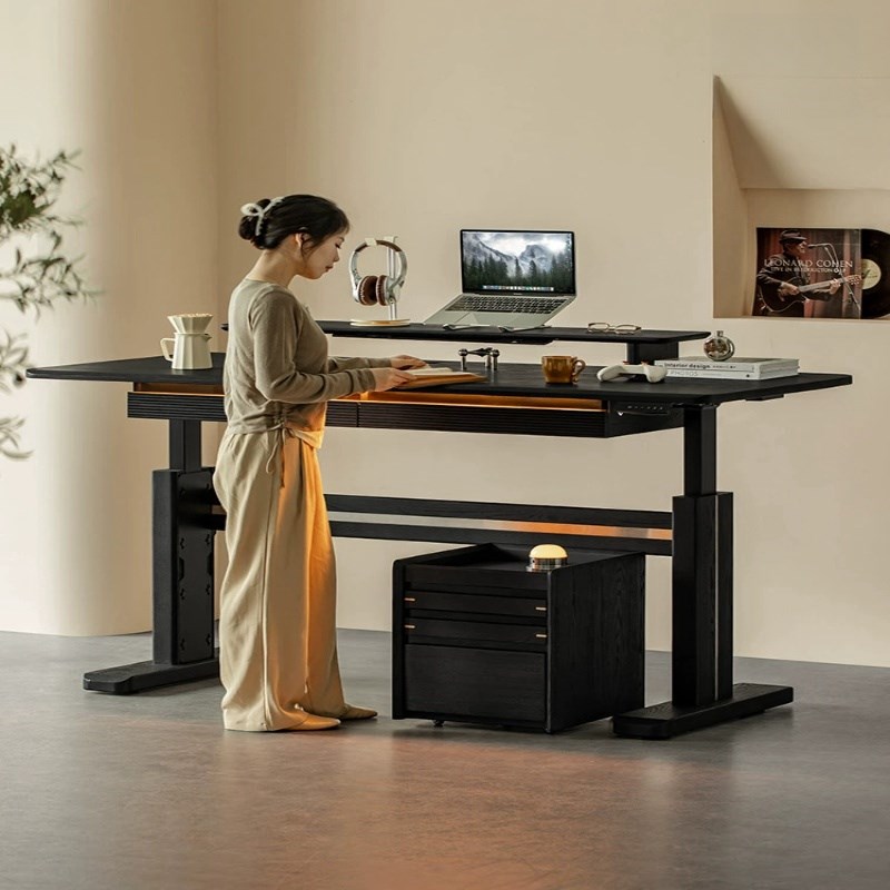北欧侘寂风实木升降桌轻奢极简书房写字桌黑色智能办公桌
