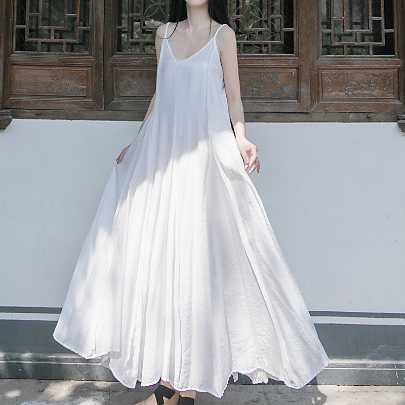 极简自制超长齐踝超大摆吊带裙毛边拼接重工连衣裙长裙